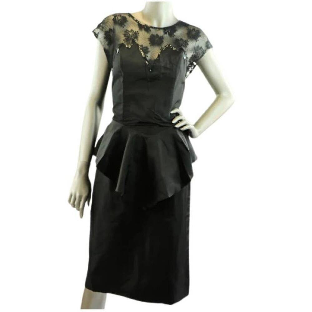 Vintage 1980s Orleon de Paris Black Dress with Floral Lace and Sequins Medium